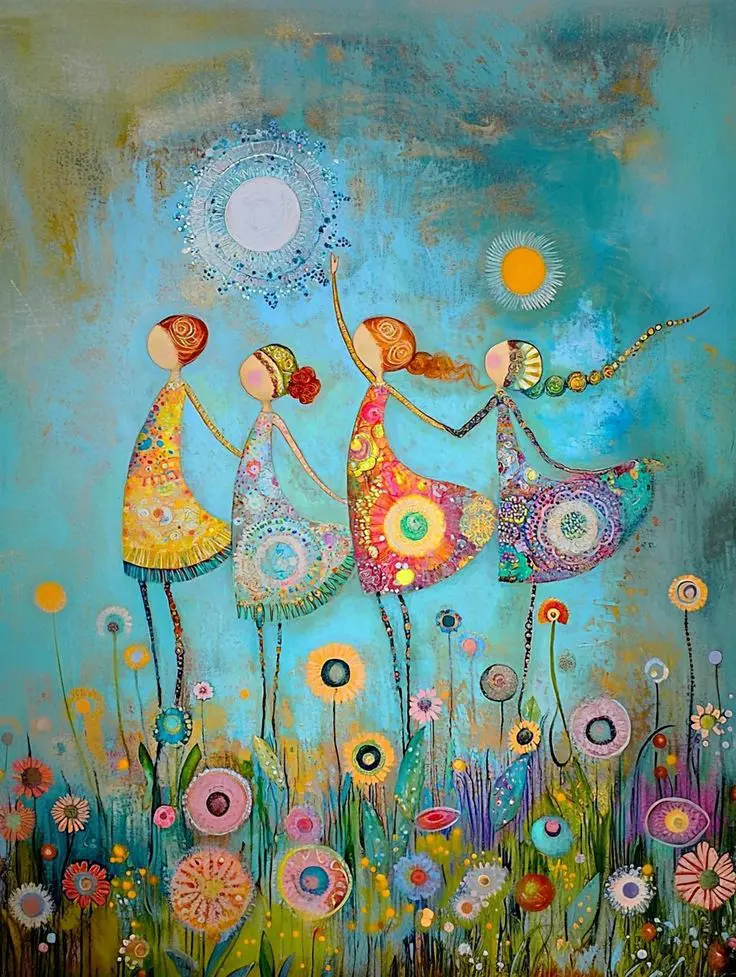 Whimsical dancers twirl among vibrant flowers under a bright sky.